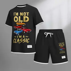 Men's I'm Not Ole "Ima..Classic Print Drawstring Shorts Set For Spring/Summer. A Casual Summer Outfit, Including A Short-Sleeved Shirt And Shorts, Suitable For Everyday Wear And Sports. A Two-Piece Set For A Relaxed And Energetic Lifestyle.