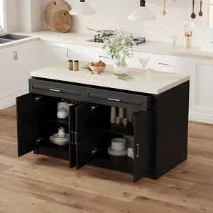 FUFU&GAGA 61" W Large Kitchen Island with Charging Station - 2 Drawers & Adjustable Shelves, Black & Beige