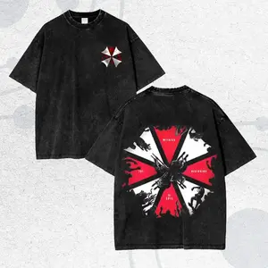Black Washed Resident Evil Umbrella Zombie Printed Men's T-shirt, Loose Short Sleeve Crew Neck Pure Cotton Top, Casual Streetwear Style, Suitable for Horror Game Lovers Daily Outfit