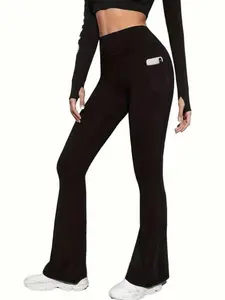Women's Tight-Fit Sporty Bell Bottom Pants with Phone Pocket, High-Waisted Compression Yoga Pants for Running and Fitness, Workout Gym Pants High Waist Sports