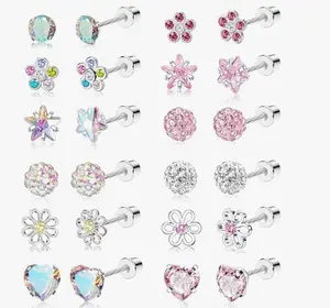 THUNARAZ 16 Pairs Hypoallergenic Earrings for Women Surgical Stainless Steel Earrings for Sensitive Ears Minimalist CZ Geometric Cartilage Flat Back Screw Back Stud Earring Set 20G