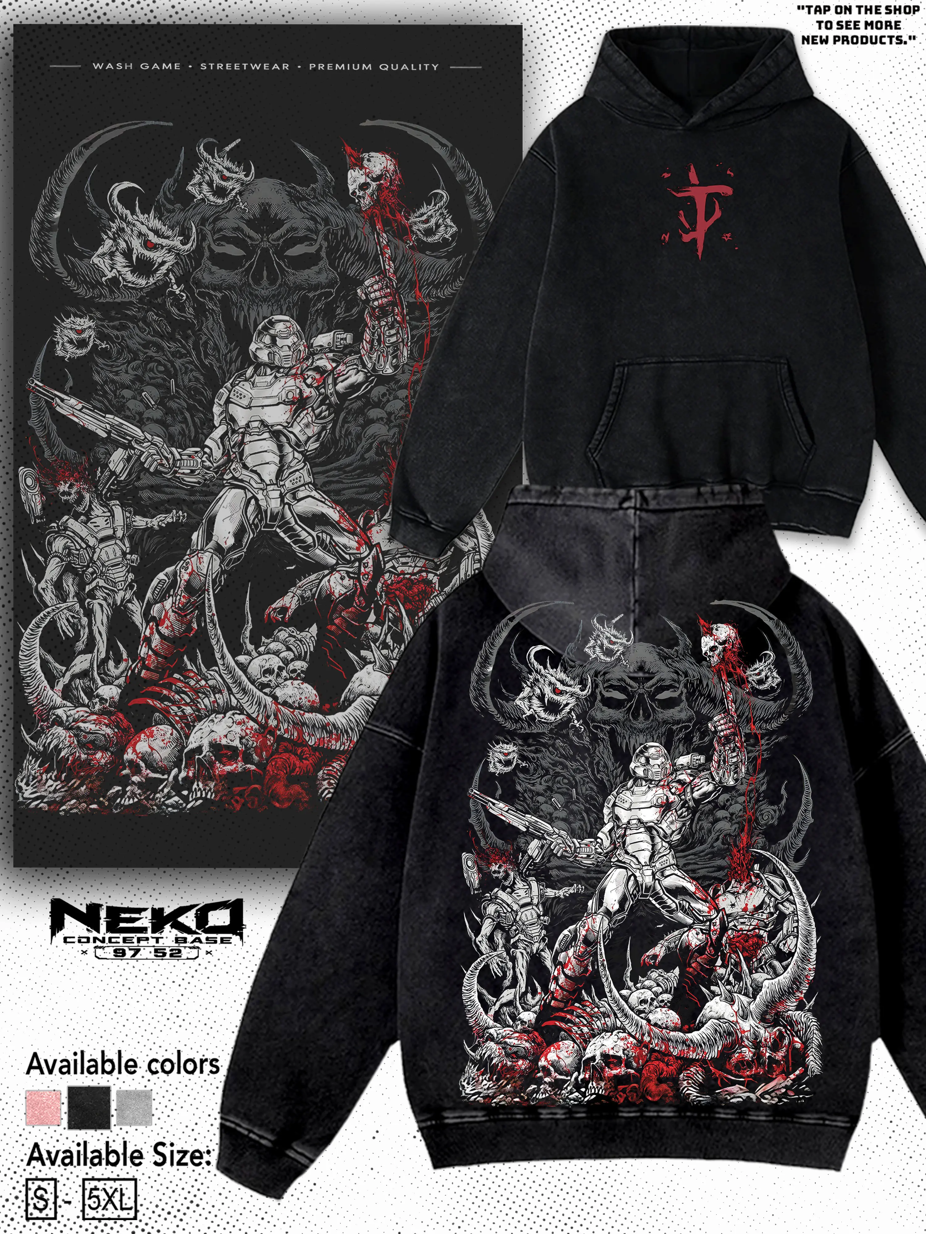 Doom Eternal Slayer Skull Graphic Washed Tee, Vintage Distressed Streetwear Hoodie, Men's Oversized Cotton T-shirt, Retro 90s Gaming Apparel Gamer Summer Outfits