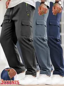 Men’s Summer Lightweight Cargo Pants, 3-Pack – Drawstring Elastic Waist Casual Long Pants with Multiple Zipper Pockets and Large Side Pockets, Comfortable and Breathable Regular Fit for Outdoor Work Trouser Short Menswear Sweatpants Baggy, Sportswear, Ath