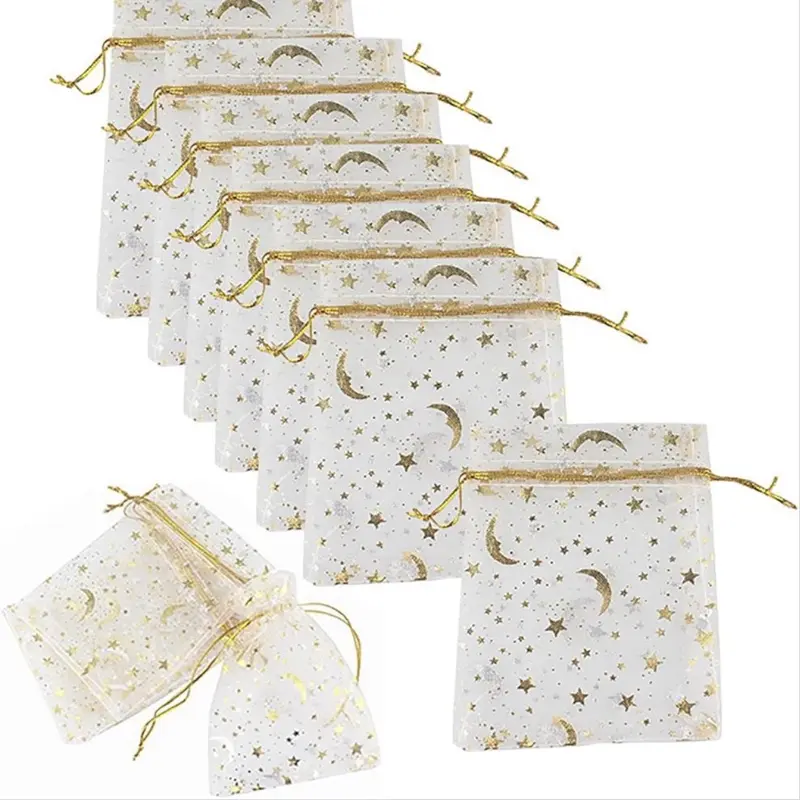 Moon Star Bags 50 PCS Sheer Drawstring Organza Pouches 13x18cm Empty Jewelry, Candy, Wedding Favor & Gift Bag with Gold Trim