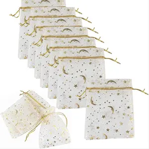 Moon Star Bags 50 PCS Sheer Drawstring Organza Pouches 13x18cm Empty Jewelry, Candy, Wedding Favor & Gift Bag with Gold Trim