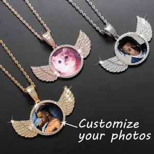 2025 Valentine's Day Family Heirloom Quality Personalized Photo Pendant Necklace with Rhinestone Wing Frame Customizable Chain Jewelry Gift for Women