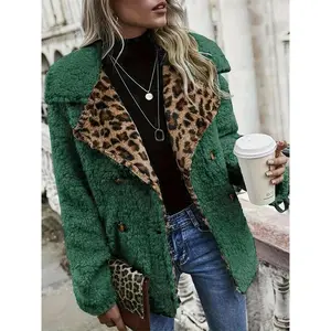 Women's Patchwork Leopard Print Double Button Plush Coat, Casual Long Sleeve Lapel Neck Fuzzy Outerwear for Winter, Ladies Clothes for Daily Wear