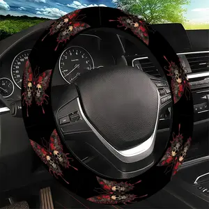 Red & Black Moth Pattern Steering Wheel Cover, Edgy Artistic Style - Fit Car Interior Accessory, Durable Material, No Inner Ring, For All Seasons Automotive Accessories, Best Festive Gift Item For Friends and Family.11.25QWA-28