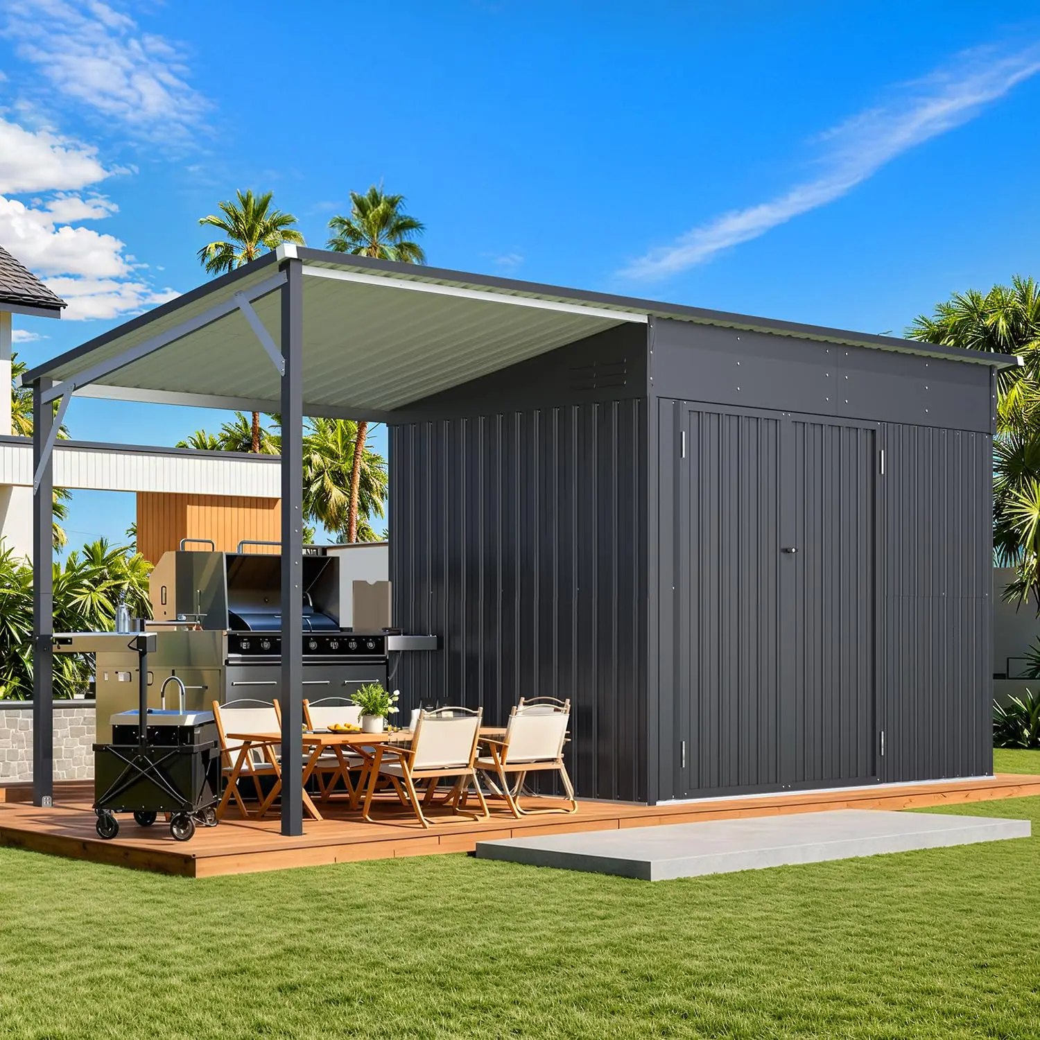【1 to 2 packages arrived at different times】YODOLLA Outdoor Open-Sided Storage Shed, 3x5 / 4x6 /6x8 Sheds & Outdoor Storage, 2-in-1 Tool Shed with Pergola Gazebo