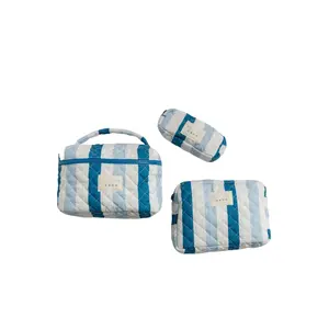 Kelani Quilted Travel Cosmetic Bag Set, Vertical Stripes Handheld Pouch with Zip, Secure Zipper Closure Cosmetics Organizer