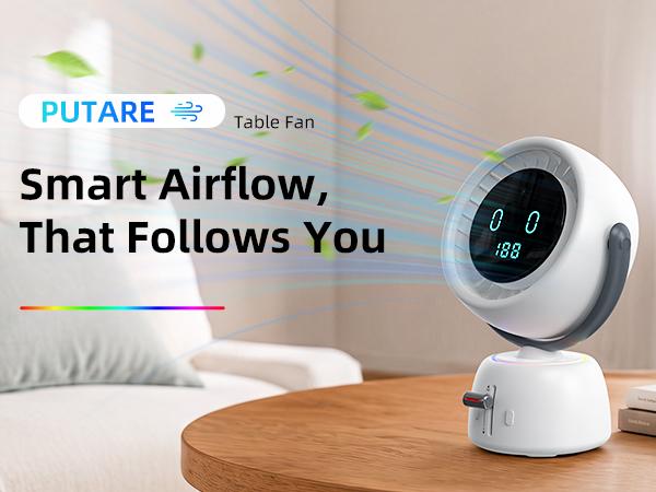 [Breeze Follows You] Smart Head Tracking Fan, 150° Auto-Follow Bathroom Sink Vanity Fan, 200 Speeds Rechargeable Quiet Makeup Mirror Fan with Digital Display & Ambient Light for Kitchen, WFH Office, Bedroom SummerWins