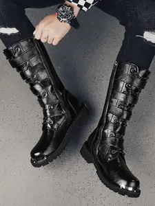 Men's Western Cowboy Motorcycle Boots, Soft Fabric Upper, Anti-Slip Height Increasing Sole, Casual Patchwork Design, All Seasons
