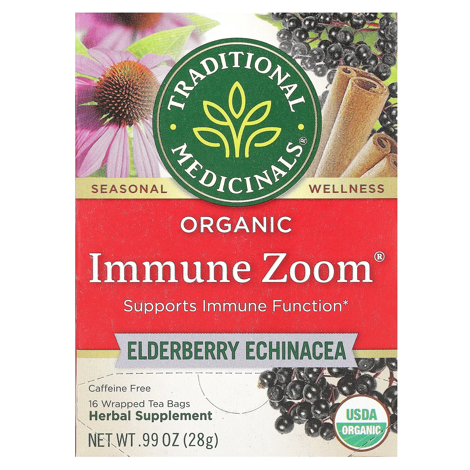 Traditional Medicinals Organic Immune Zoom®, Elderberry Echinacea, Caffeine Free, 16 Wrapped Tea Bags, 0.99 oz (28 g)