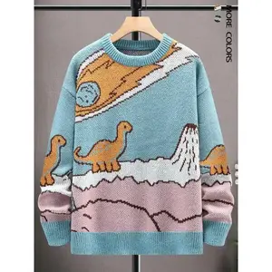 Men's Cartoon Dinosaur Print Drop Shoulder Sweater, Casual Regular Fit Long Sleeve Round Neck Jumper for Fall & Winter, Fashion Men's Knitwear for Daily Wear