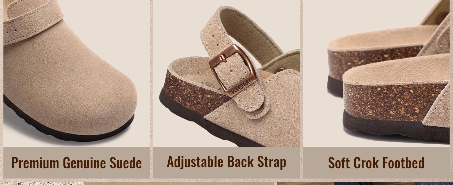 KIDMI Women's Suede Clogs with Back Strap Men's Leather Mules Cork Footbed Slip on Potato Shoes
