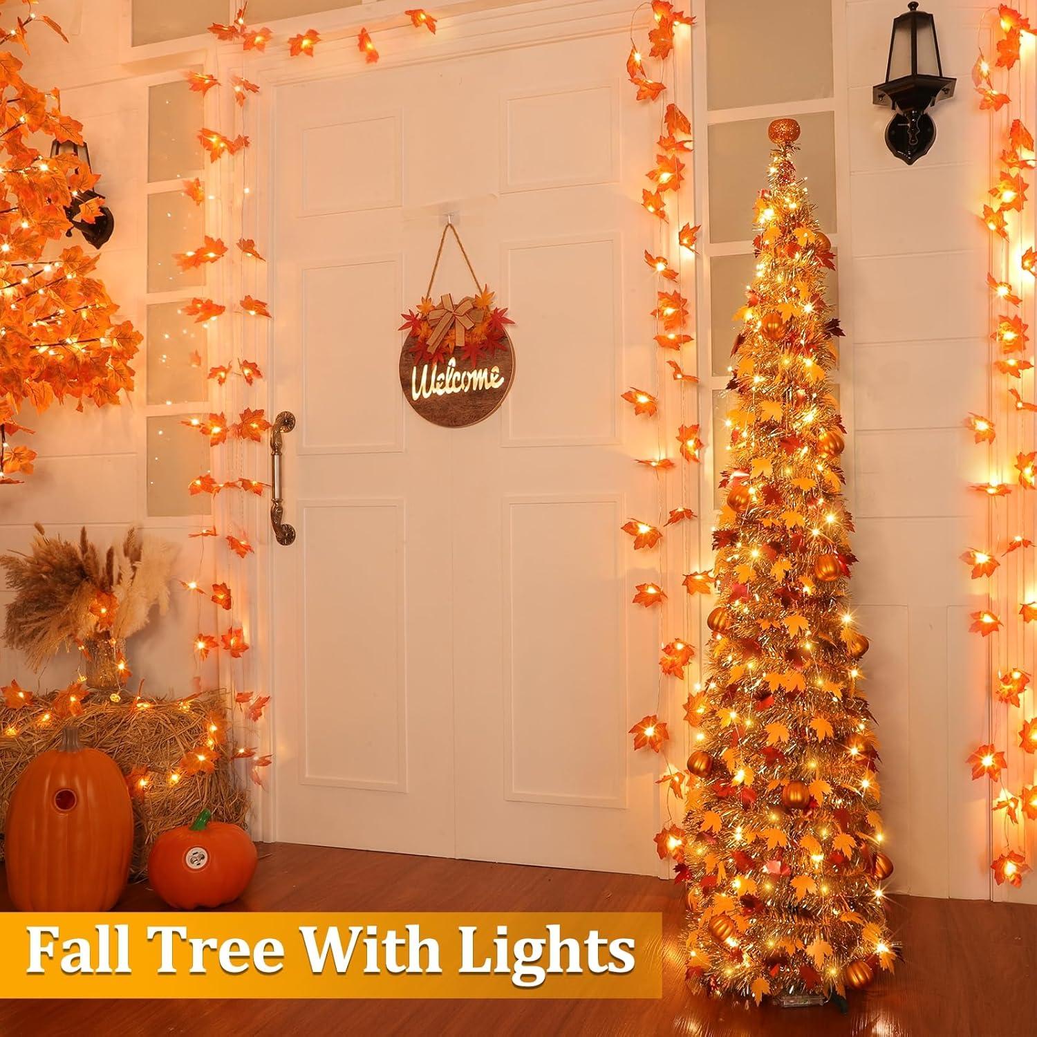 TURNMEON 5 FT Fall Tree Fall Decor, Pop Up Tinsel Maples Tree with 50 Warm White Lights Orange Pumpkins Battery Operated Lighted Halloween Tree Fall Decorations for Home Harvest Thanksgiving Party Indoor