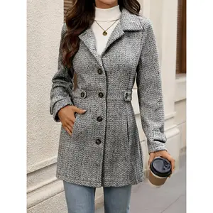 Ladies' Waist-Tightening Herringbone Pattern Thickened Warm Coat, Autumn-Winter Outerwear