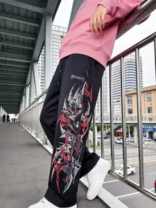 Men's Quick-Dry Gym Pants, Deep Color Symmetrical Print Loose Fit Long Trousers, Weightlifting Training Casual Fashion