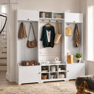 Modern 4-in-1 Entryway Hall Tree - 79.1-in Wide, 8 Cubbies, 7 Coat Hooks, Adjustable Shelf, Shoe Storage & Bench - Furniture for Living Room, Hallway, White, Furniture Living Room
