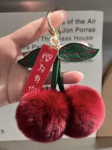 Cute Cherry Design Plush Keychain, Trendy Cute Keychain, Soft Faux Rabbit Fur Keychain for Women & Girls, Elegant Bag Charm, New Year Holiday Ring Decoration