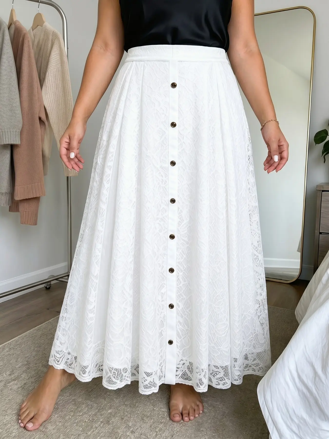 Elegant Chic Plus Size Solid Skirt, Contrast Lace Design, Elastic Waist, Button, Long Fitted Skirt, Formal Elegant Skirt, All Seasons, Wedding, Beach, Party, Office Wear, Womenswear, Cover Up Skirt