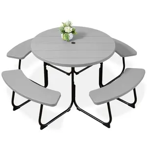 Best Choice Products 8-Person Circular Outdoor Picnic Table w/ 4 Benches, Umbrella Hole, 2000lb Capacity