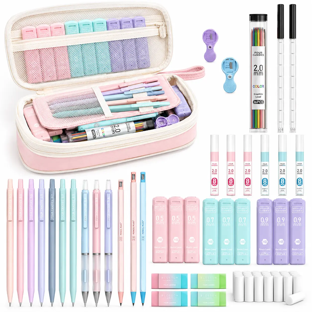 4 Candies 36PCS Mechanical Pencil Set with 624 Lead Refills (Pink) - 0.5mm-2.0mm Mechanical Pencils, Aesthetic Office Stationery for Writing, Drawing, Back to School