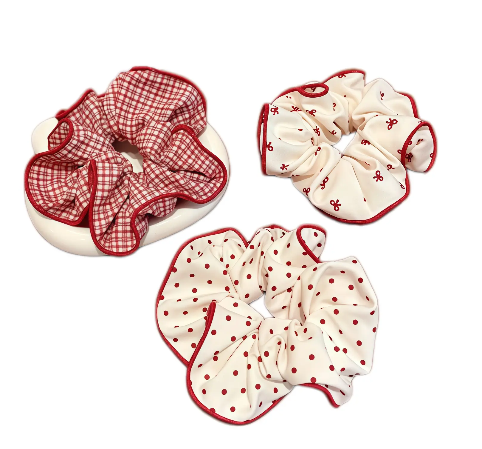 3PCS Red Plaid & Polka Dot Scrunchies, Sweet Bow Print Hair Ties with Ruffled Edge, Elastic No Damage Ponytail Holders, Cute Preppy Hair Accessories for Women & Girls