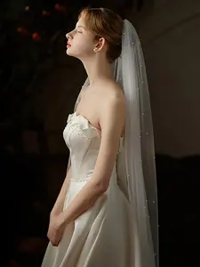 Elegant Bride Headscarf Soft Silk Fine Thread Beaded, Forest Style Photography Wedding Dress Face Single Layer Metal Comb Veil