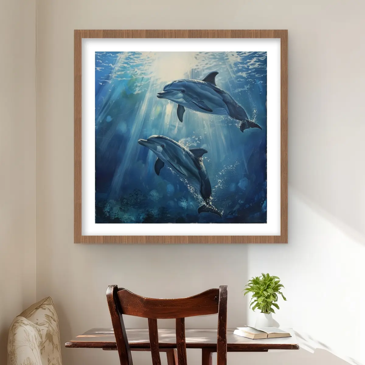 212 MAIN Blue Framed Matted Dolphin Wall Art Print, 24x24 in. Ocean Life Artwork Photo, 2-Dolphin Design for Home Decor, Ideal Gift (Model C1FM2424ZAWCMF), Dolphins