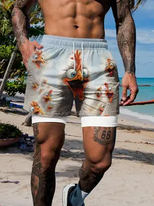 Men's Funny Rooster Print Beach Shorts, Quick-Dry Inner Lining, Slim-Fitting Casual Shorts, Drawstring Waist, All over Print