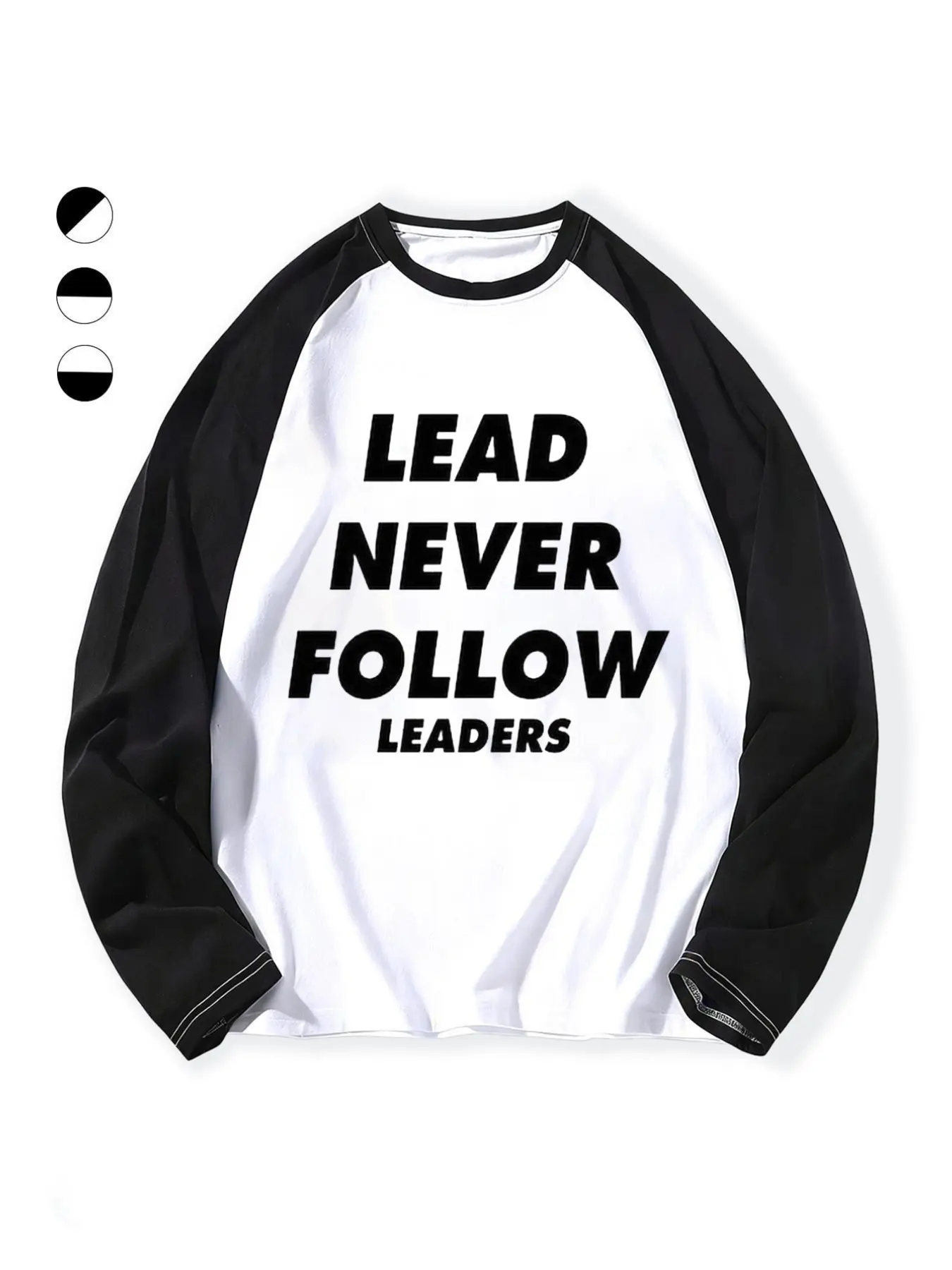 Trendy Casual Clothing Featuring 'lead Never Follow Leaders' Slogan, Unisex Loose-Fitting Long Sleeve Round Neck Design, Perfect for Everyday Wear Tops