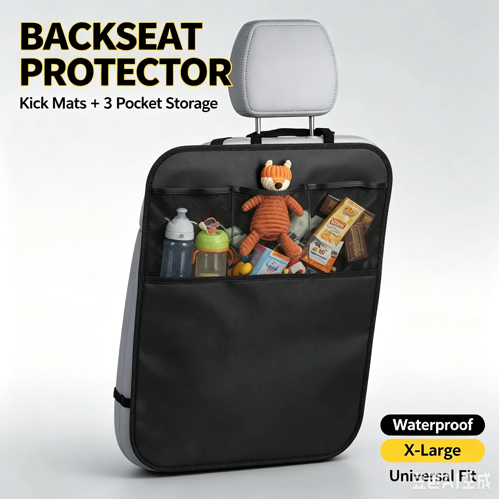 Kids Back Seat Kick Mat - Extra Large Waterproof Car Seat Back Protector with 3 Mesh Storage Pockets, Anti-Dirt Anti-Scratch Guard, Universal Accessory for Sedans, SUVs, Trucks, Ideal for Family Road Trips Cordless Travel Vacuum Bag Set