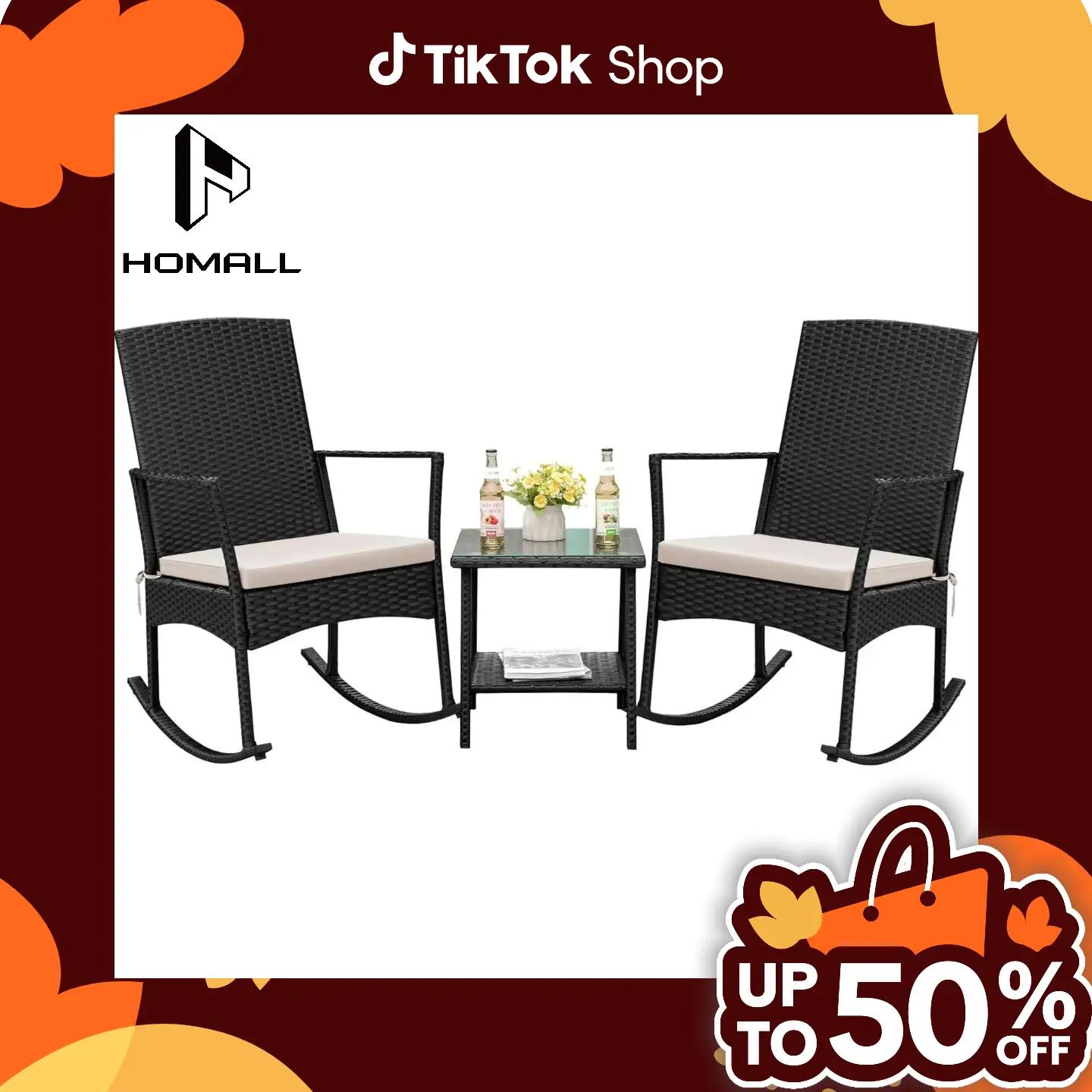 HOMALL Rocking Chair Outdoor PE Rattan Patio Chairs with Glass Table High Back Porch Rocker for Balcony, Garden, Backyard