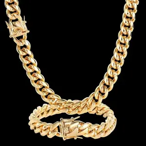 14K Gold Plated Heavy Mens Soild Cuban Link Chain Necklace and Bracelet Set Miami 21MM Hip Hop Jewelry