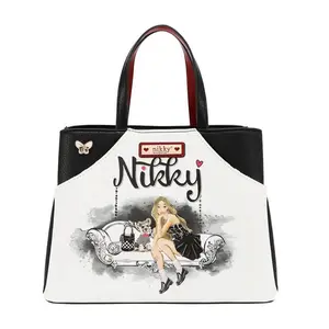 Nikky Angel Satchel Bag Quilted Vegan Leather Handbag with Shoulder Strap Enchanted Forest Design 3 Compartments Gold Tone Details