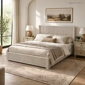Queen Size ARCH Solid Wood Platform Bed Frame - Arch-Shaped, Headboard Bed Frame with Floor-Standing Headboard, Wood-Finished, No Box Spring Needed, Easy Assembly, Beige, Arch-Shaped Bed Frames, Headboard Bed Frames