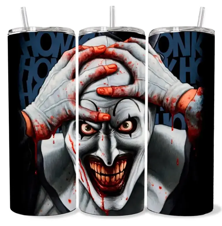 Terrifier Art the Clown 20oz Skinny Tumbler, Stainless Steel Vacuum Insulated Coffee Cup, Horror Movie Hot & Cold Travel Tumbler, Halloween Slasher Fan Gift