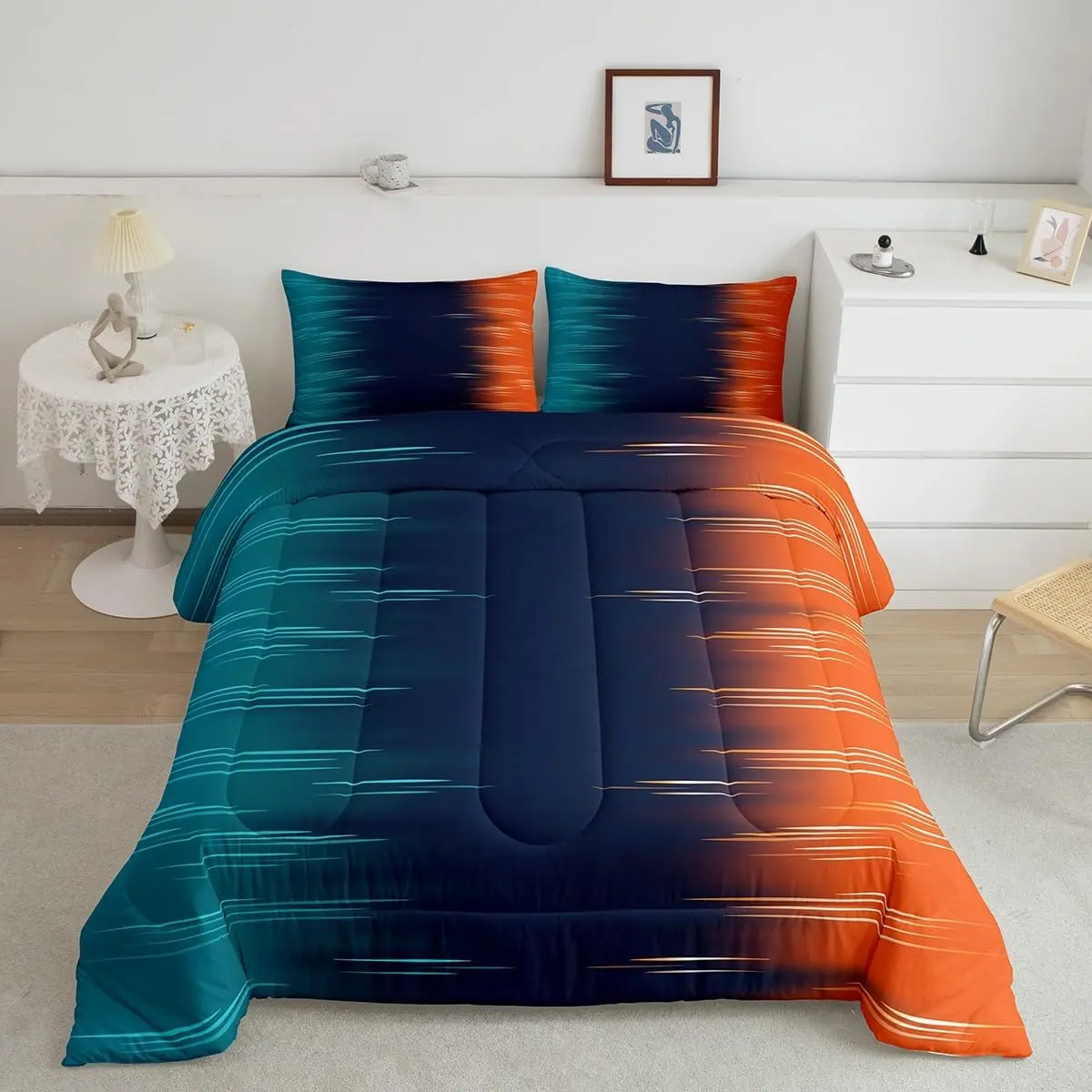 Feelyou Contemporary Art Comfy Breathable Decorative Microfiber Bedding Set - Blue Orange Gradient Ombre Grunge Abstract Geometric Lines Quilted Duvet Insert Set, Comfy Bedding Set