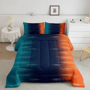 Contemporary Art Comforter Set,Blue Orange Bedding Set,Gradient Ombre Duvet Insert,Grunge Abstract Duvet Set,Geometric Lines Quilted Comforter