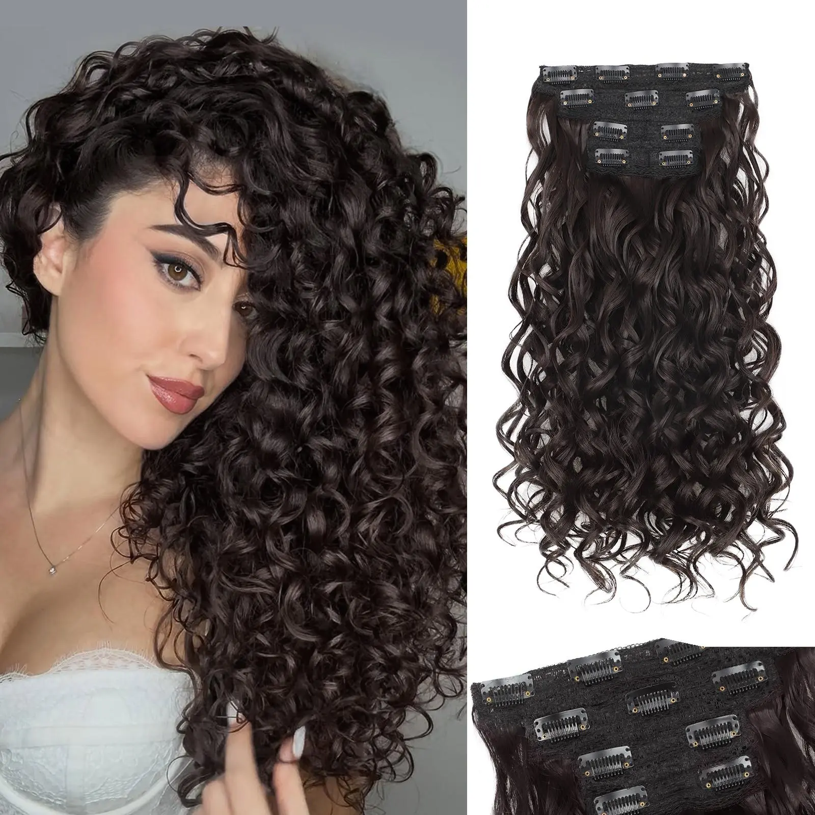 GEEOE Curly Clip In Hair Extensions,4PCS 20 inch Thick Curly Hair Extensions Lace Weft Clip Ins Invisible Natural Synthetic Hairpieces for Women