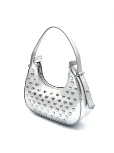 Metallic Silver Studded Mini Hobo Bag - Y2K Edgy Punk Style