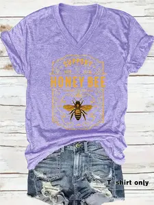 Bee Print V Neck T-Shirt, Casual Vacation Everyday Women's Short Sleeve Top, Daily Comfort, Elegant Design, Soft Fabric, Fitted Style