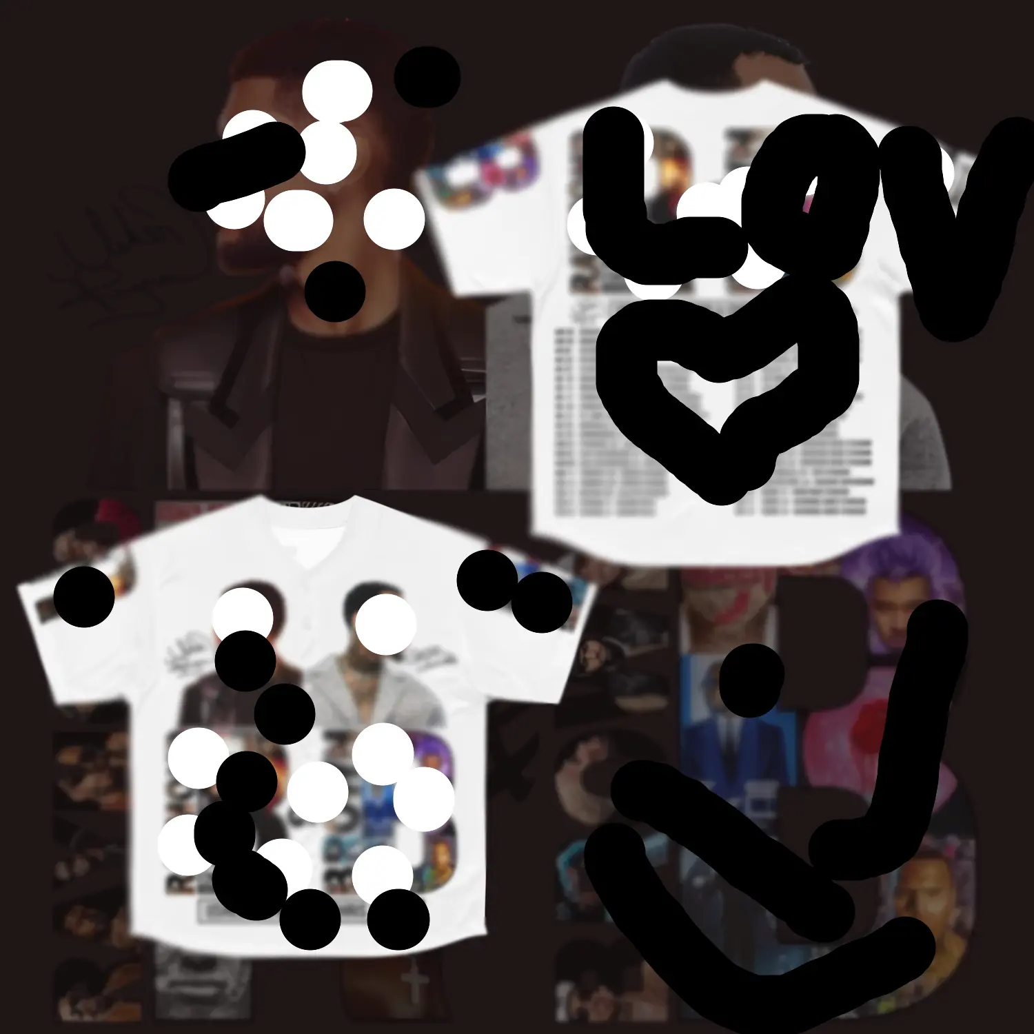 Premium White R&B Collage Baseball Jersey, Vintage Album Graphic Button Front Shirt, Limited Edition Concert Outfit, Oversized Urban Streetwear, Bold Music Festival Top, Retro Fan Apparel, Statement Party Fashion