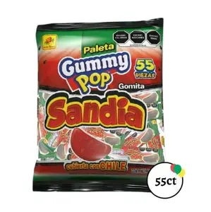 Paleta Gummy Pop Watermelon Lollipop 55 Pieces Sandia Gomita Cubierta con Chile 55ct Candy Snack
