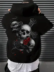 Men's Gothic Skull Cross Hoodie | Oversized Y2K Grunge Fashion Casual Graphic Sweatshirt with Red Rose Print | Dark Aesthetic Streetwear Pullover | Vintage Alt Emo Gothic Hooded Sweatshirt for Men Women Unisex, Menswear