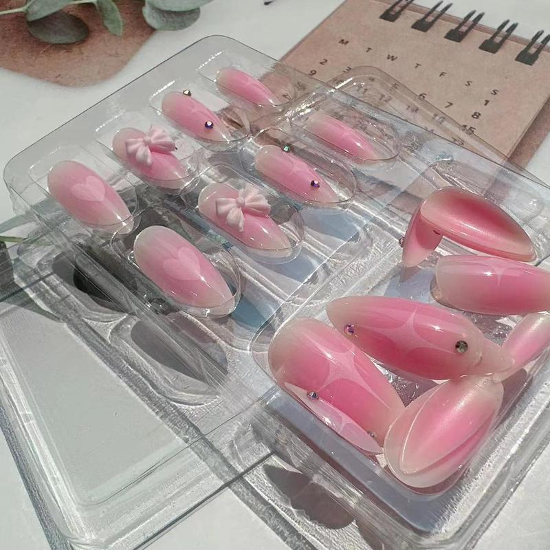 Pink Gradient Almond Press-On Nails with Blush Bow & Star Rhinestones Glossy Stick-On Acrylic False Nails for Women Girls DIY Manicure Easter Birthday Gifts