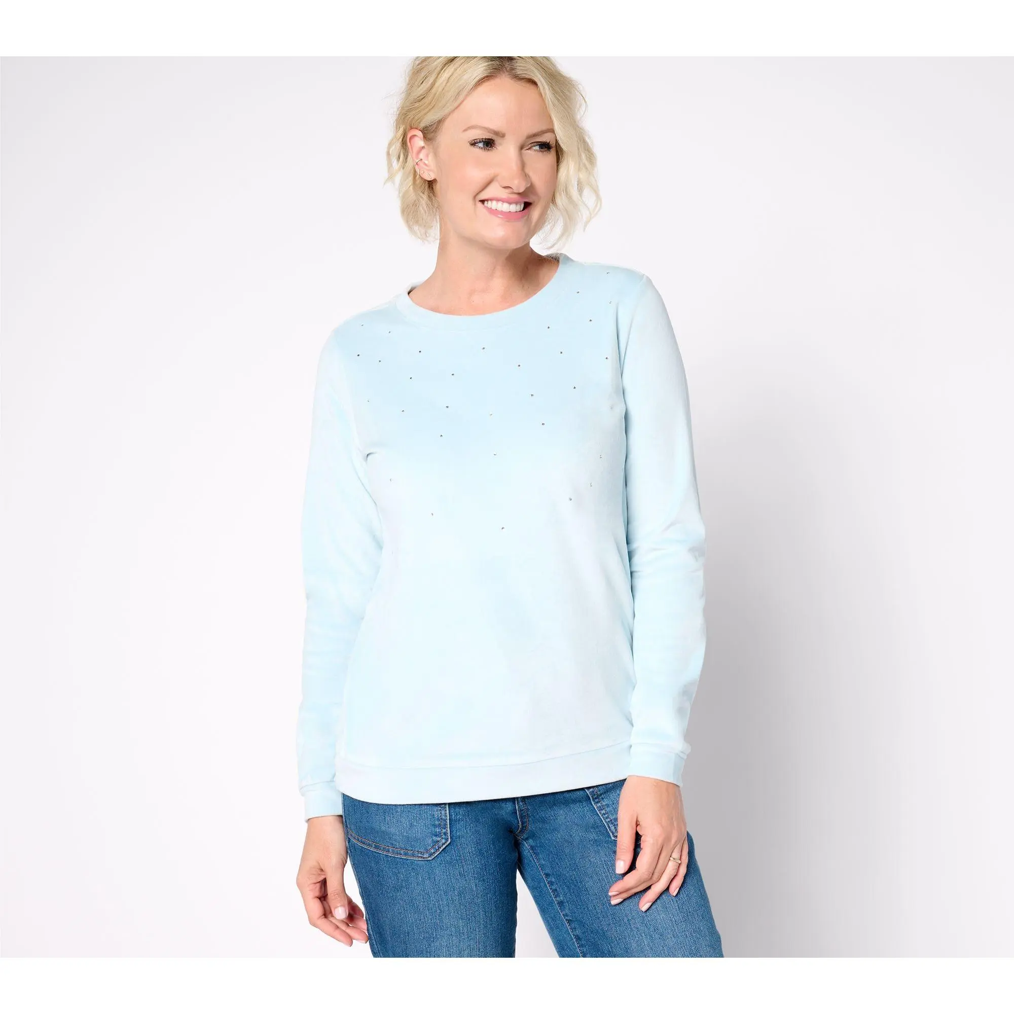 AnyBody Round Neck Studded Velour Knit Pullover