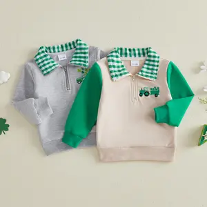 Babamoon Toddler Baby Boy St. Patrick's Day Irish Tops Cute Tractor Embroidery Long Sleeve Collared Pullover Tops Sweatshirt 6M-4Y