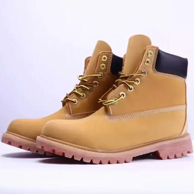 luxury trendy cowhide ankle boots unisex waterproof gunuine leather running chunky trainers for men and women designer height increasing casual high top sneakers size 36-46 multiple colors wheat iconic yellow outdoor hiking boots